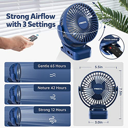 Clip on Fan 65 Hours Portable Desk Fan Rechargeable with LED Lights & Hooks 12000 Capacity Battery Operated Fan with Clips Small Desk Fan Mini Fans for Tents Travel Outdoor Camping Golf Cart Stroller - color: Dark Blue