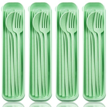 ELANE 4 Sets Reusable Travel Utensils Set with Case,Camping Cutlery Set Reusable Cutlery Set with Case,Utensil Sets for Lunch Picnic Daily Use Outdoor (lightgreen) - color: lightgreen