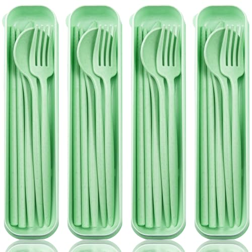 ELANE 4 Sets Reusable Travel Utensils Set with Case,Camping Cutlery Set Reusable Cutlery Set with Case,Utensil Sets for Lunch Picnic Daily Use Outdoor (lightgreen) - color: lightgreen