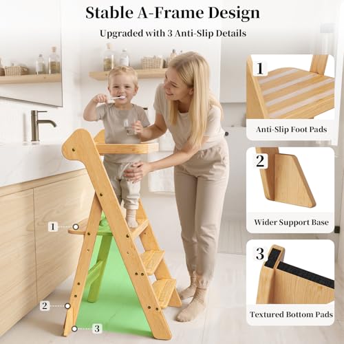 COSYLAND Foldi Foldable Toddler Kitchen Stool - Adjustable Height Toddler Standing Tower with Net & Safety Feet, IF Award-Winning Wooden Learning Step Tower for Kids Ages 18M-6Y, Natural - color: Natural