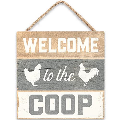 Welcome to the Coop Hanging Sign - Small Farmhouse Chicken Wall Decor for Chicken Coop, Sun Room or Entryway - color: Gray/White