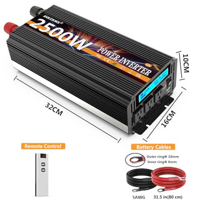 2500W Power Inverter 12V DC to AC 110V/120V (Peak) 5000W Converter 3 sockets car Inverter with Remote Control and LED Display 3.4A USB Port - size: 12v-2500W