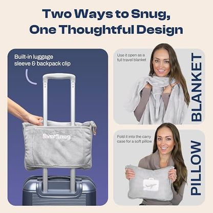 EverSnug Travel Blanket and Pillow - Ultra-Soft, Compact & Lightweight, 65x40 Inches, with Carry Case, Luggage Sleeve & Backpack Clip for Airplane Comfort (Light Grey) - color: Light Grey