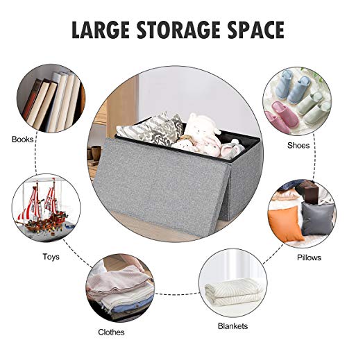 Folding Storage Ottoman w/Flipping Lid, End of Bed Bench, Fabric Shoe Bench w/Padded Seat, Upholstered Foot Rest Stool, Storage Box for Living Room, Bedroom, Entryway (Silver)