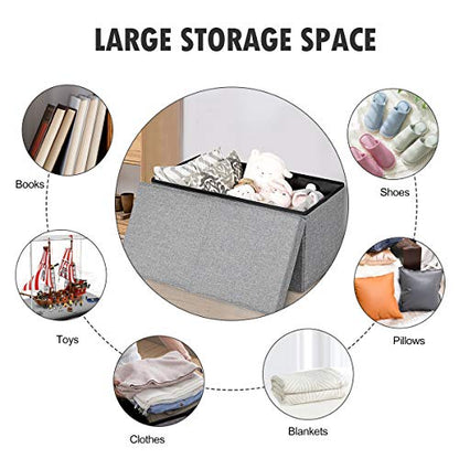 Folding Storage Ottoman w/Flipping Lid, End of Bed Bench, Fabric Shoe Bench w/Padded Seat, Upholstered Foot Rest Stool, Storage Box for Living Room, Bedroom, Entryway (Silver)