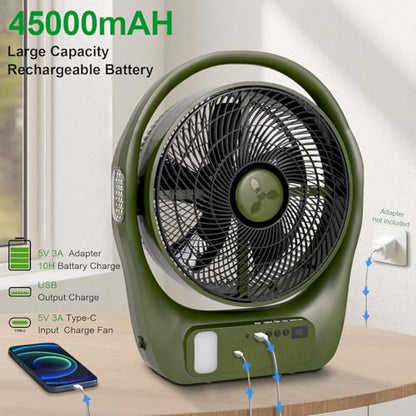 45000mAh Large Battery Operated Camping Fan with 3 Way Lights | 11-inch High Velocity Rechargeable, Cordless Floor Fan with Display, Remote & Timer, Hurricane, Grage, BBQ