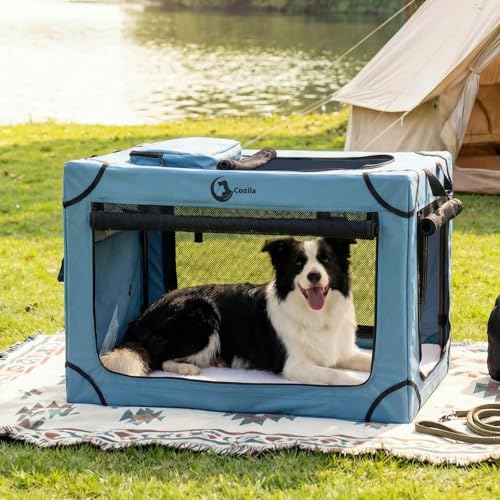Portable Collapsible Dog Crate for Extra Large Dogs, 4 Mesh Doors & 2 Storage Bags, Indoor Outdoor Travel Dog Kennel, Blue, 42" x 30" x 30" - color: Blue, size: XL(42"x30"x30")