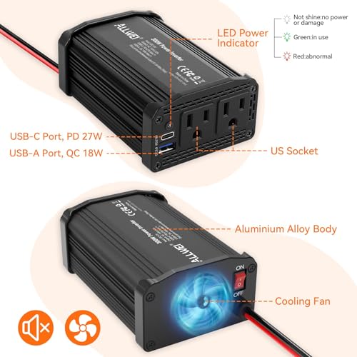 ALLWEI 300W Power Inverter 12V DC to 110V AC Car Plug Adapter Outlet Converter with 27W PD USB-C &18W USB-A Fast Charger, Car Cigarette Lighter Adapter for Laptop Tablets Phones-Black - color: PD27W-Black