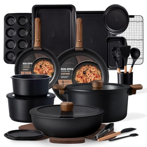 CAROTE 31pcs Nonstick Pots and Pans Set with Baking Pans Set, Cookware Sets with Detachable Handle, Kitchen Cooking Set - Camping Cookware, Dishwasher & Oven Safe, Induction Compatible - color: Black, size: 31 Piece