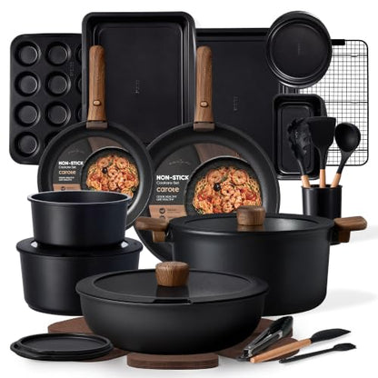 CAROTE 31pcs Nonstick Pots and Pans Set with Baking Pans Set, Cookware Sets with Detachable Handle, Kitchen Cooking Set - Camping Cookware, Dishwasher & Oven Safe, Induction Compatible - color: Black, size: 31 Piece