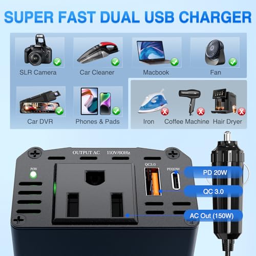 Nilight 150W Power Inverter 12V DC to 110V AC Car Converter with PD 30W USB C & QC3.0 for Phones Tablets Laptop Computer Game Console Kindle iPad DVD Players Black - color: 150W USB+PD 110V Outlet