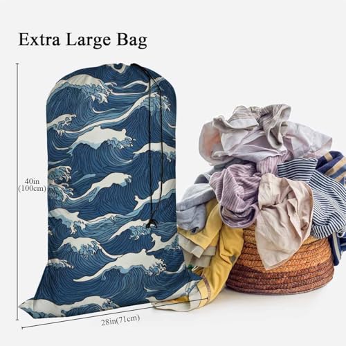 Swono Wave Large Collapsible Laundry Bag - Surf Sea Cartoon Blue White Foldable Hamper, Football Grid Oxford Cloth, Holds 4 Loads, Ocean Theme - color: Wave