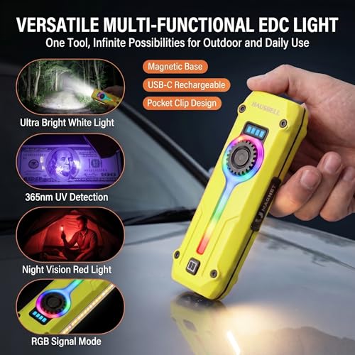 HAUSBELL Flat EDC Flashlight,1800 Lumen UV Magnetic Rechargeable Pocket | Stepless Dimming Dial,Stainless Steel Body,RGB+UV,USB-C Fast Charge,Magnetic Base,Waterproof, for Work,Camping & Emergency - color: Yellow