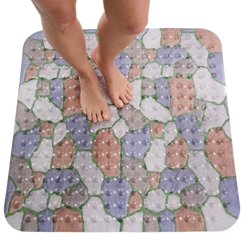 ENKOSI Extra Large Square Non Slip Shower Mat - 31 x 31-inch XL Bathroom Shower Mat - Square Shower Mats for Shower Stall Floors | Secure Suction Cups and Drain Holes (31x31 Stone Path) - color: Stone Path, size: 31" x 31" (Square)