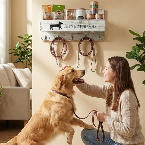 Wood Dog Leash Holder for Wall, Key Hangers with 5 Double Key Hooks, Dog Leash Hanger Wall Mounted for Entryway, Farmhouse Treats,35cm,White - color: White
