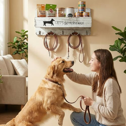Wood Dog Leash Holder for Wall, Key Hangers with 5 Double Key Hooks, Dog Leash Hanger Wall Mounted for Entryway, Farmhouse Treats,35cm,White - color: White