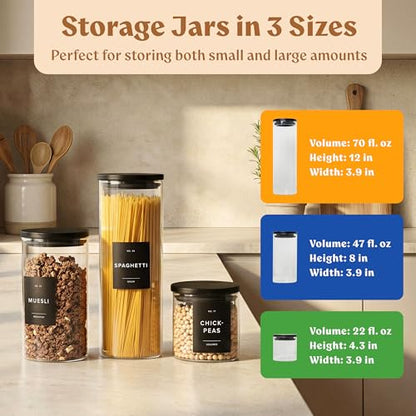 EDELHAUS Glass Storage Containers with Black Lids [Extra Thick Glas] with 54 Labels - Canister For Pantry Noodles Flour Cereal Rice Sugar Tea Coffee Beans - Round Set of 5x - color: 5 Pack - Black Lids