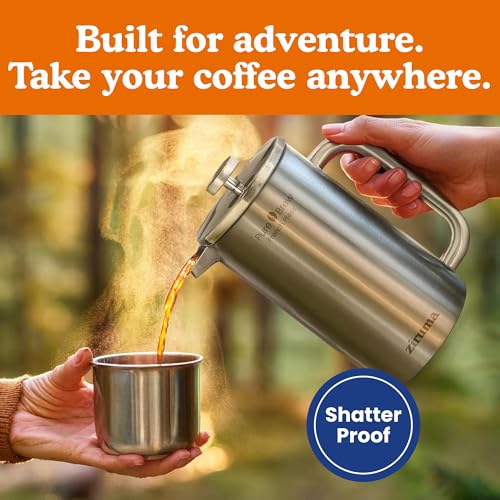 Ziruma Non-Toxic Stainless Steel French Press, Plastic-Free, 34 oz | Surgical-grade steel, heavy metal-free. 4-layer filter, grit-free. Double-wall insulated coffee maker, stays hot. Portable.