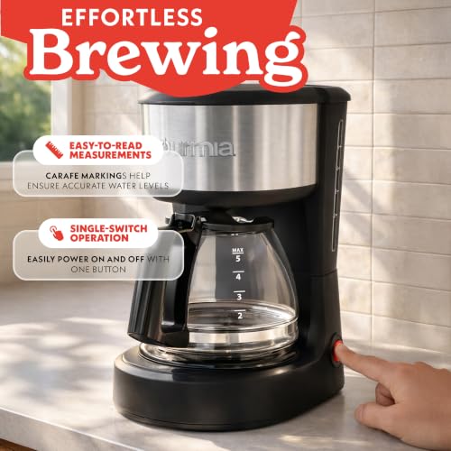 Gourmia 5 Cup One-Touch Drip Brew Coffee Maker – Pause and Serve, Automatic Keep Warm, Easy View Water Window, Compact, Stainless Steel Accents, Black