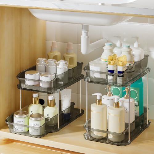 Delamu 2-Tier Under Sink Organizers and Storage, Multi-Purpose Stackable Bathroom Cabinet organizers, Pull Out Kitchen Pantry Organization and Storage with Dividers(2 Pack, Grey) - color: Grey, size: 2 Pack