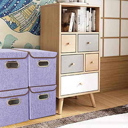 Storage Bin [Set of 4] Linen Fabric Foldable Container with Lid, Collapsible Organizer Boxes Cubes – 10 x 10 x 10 Inches (Purple) - color: Purple