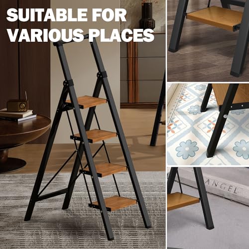 4 Step Ladder,Lightweight Folding Step Stool with Aluminum Wide Pedal& Convenient Handgrip,330lbs Capacity Steel Ladder for Household and Office(Black &Woodgrain) - color: Black&woodgrain, size: 4 Step