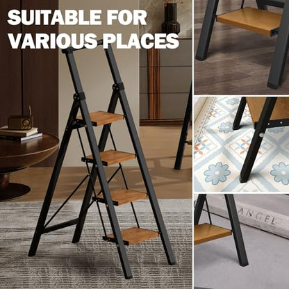 4 Step Ladder,Lightweight Folding Step Stool with Aluminum Wide Pedal& Convenient Handgrip,330lbs Capacity Steel Ladder for Household and Office(Black &Woodgrain) - color: Black&woodgrain, size: 4 Step