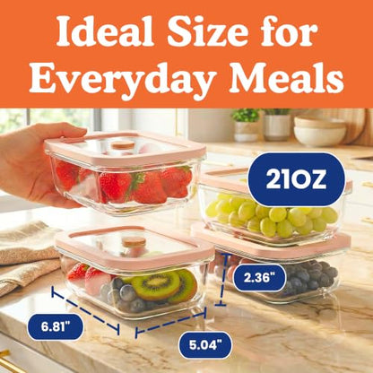 Ziruma Non-Toxic Glass Food Containers with Lids, 4-Pack, 21 oz, Beige | Plastic & BPA free. Glass body, glass lid & platinum silicone seal. Airtight & leakproof. Freezer & microwave safe - size: 21 Oz