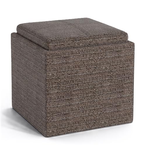 SIMPLIHOME Rockwood Cube Storage Ottoman with Tray - 17" Wide x 17" High Upholstered Tweed Look Fabric Square Storage Ottoman in Mink Brown,Contemporary Cube Ottoman for Living Room with Serving Tray - color: Mink Brown