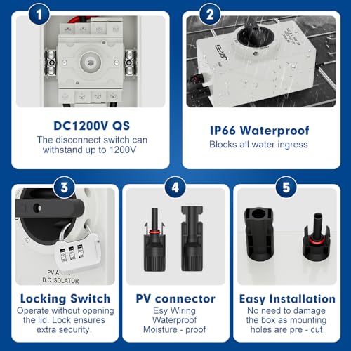 Isolator Switch, Solar Disconnect Switch, 32 Amp DC1200V, with IP66 Waterproof Enclosure, for Rooftop Solar Systems, RVs and Boats