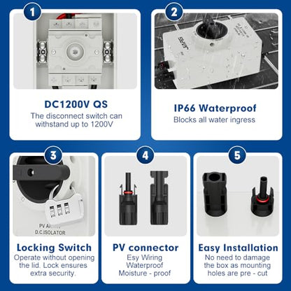 Isolator Switch, Solar Disconnect Switch, 32 Amp DC1200V, with IP66 Waterproof Enclosure, for Rooftop Solar Systems, RVs and Boats