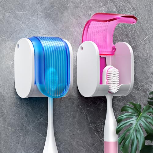 Toothbrush Holders for Bathrooms【Upgrade Single Slot Design】 Toothbrush Holder Wall Mounted with Cover Moisture-Proof and Dust-Proof Toothbrush Storage Organizer for Shower Family and Travel 2PCS - color: 2pcs-pb