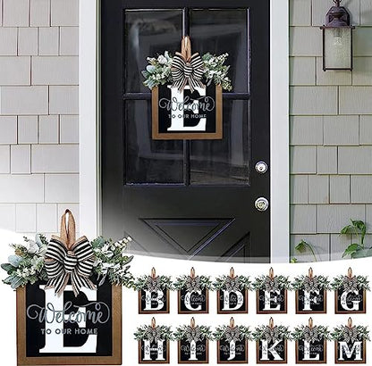 Last Name All Year Round Front Door Wreath with 26 Initial Letter Welcome Sign All Seasons Eucalyptus Garland and Bow ，Farmhouse, Porch, for Spring Summer Fall All Seasons Holiday Halloween Christmas.（E） - color: E