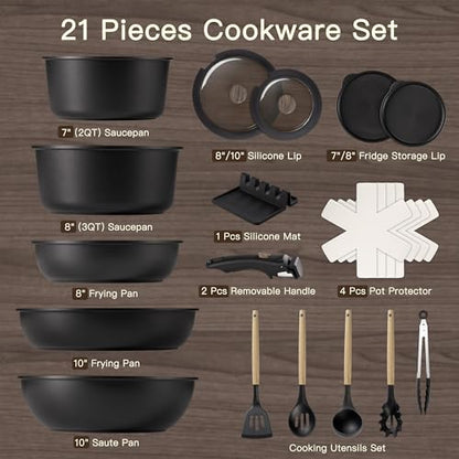 Astercook 21 Pcs Pots and Pans Set Non Stick, Ceramic Cookware Set Detachable Handle, RV Kitchen Cooking Set Removable Handles, Oven Safe, Induction Ready, Stackable, Black, Fathers Day Gift for Men - color: Black, size: 21 Piece