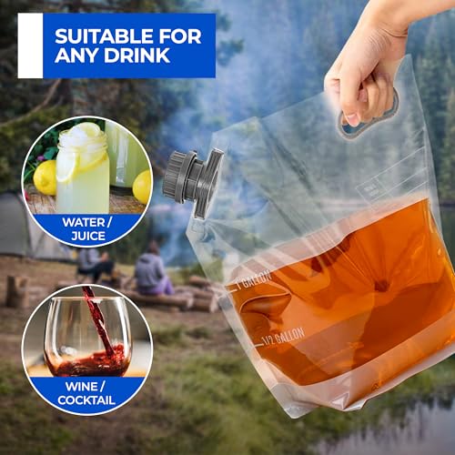 Collapsible Water Container Bottle 1 Gallon Jug – 4 Pack Water Bag Drink Pouches – Portable Empty Gallon Jugs Containers with Lids Caps - Plastic Water Tote Travel Camping & Hiking Hydration Canteens