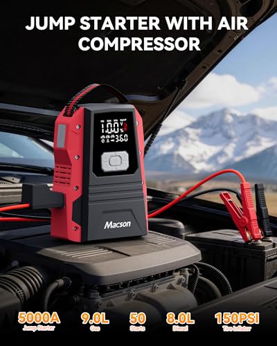 5000A Jump Starter with Air Compressor - Portable 12V Jump Box Battery Pack for 9.0L Gas/8.0L Diesel Engines, Car Jumper Starter Portable with 150PSI Tire Inflator, LED Screen, Fold-Up LED Flashlight