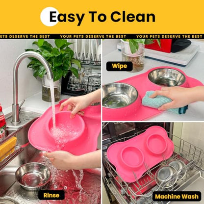 Conlun Dog Bowls with Non-Slip Silicone Mat, Spill Proof Large Food & Water Bowls Set, Easy Clean Dog Food Dish, Dishwasher Safe, Suitable for Dogs Cats Pet Under 90lbs, Large, Pink - color: Pink, size: Large-38oz