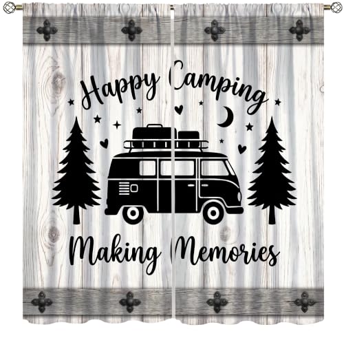 Camper RV Curtain, Retro Rustic Barn Door Wood Camping Travel Trailer Pine Tree Moon Star Pattern Printed Rod Pocket Window Treatments for Bedroom Living Room Decor 42" W X 45" L - color: Camping-15, size: 20.5"W x 45"L (Pack of 2)