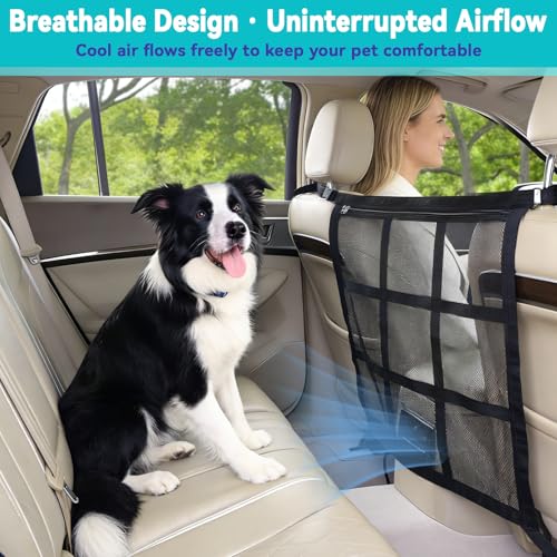 Dog Car Net Barrier,9-Grid Reinforced,Easy Install | Double mesh with zipper storage,Universal fit for SUVs, sedans & trucks,Breathable for AC flow,Keeps dogs safely in back.