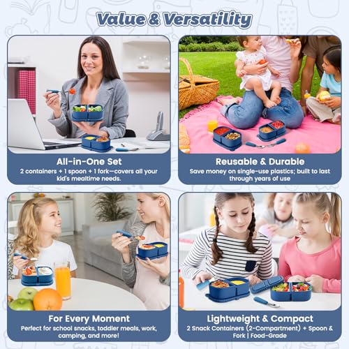 Silicone Snack Containers for Kids (8.5Oz, 2-Compartment)+ Kids Silicone Cutlery Set (Spoon and Fork) - BPA Free, Leak Proof, Great for Toddler/Kid/Adult Meal Prep Containers (blue) - color: Blue