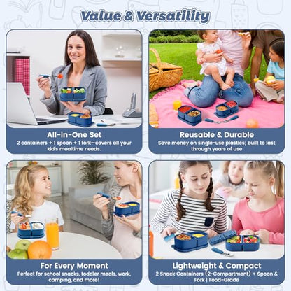 Silicone Snack Containers for Kids (8.5Oz, 2-Compartment)+ Kids Silicone Cutlery Set (Spoon and Fork) - BPA Free, Leak Proof, Great for Toddler/Kid/Adult Meal Prep Containers (blue) - color: Blue