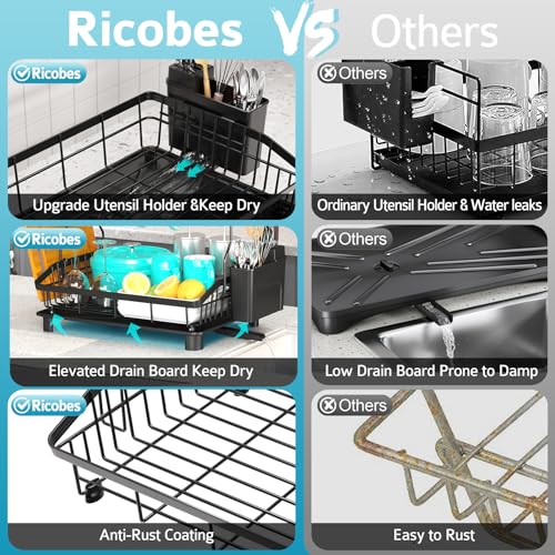 Dish Drying Rack - 2 Tier Large Capacity Dish Rack- Dish Racks for Kitchen Counter with Drainboard, Rustproof Dish Drainer with Removable Utensil Holder,Cutting Board Holder,Cup Holder, Black - color: 2 Tier-black