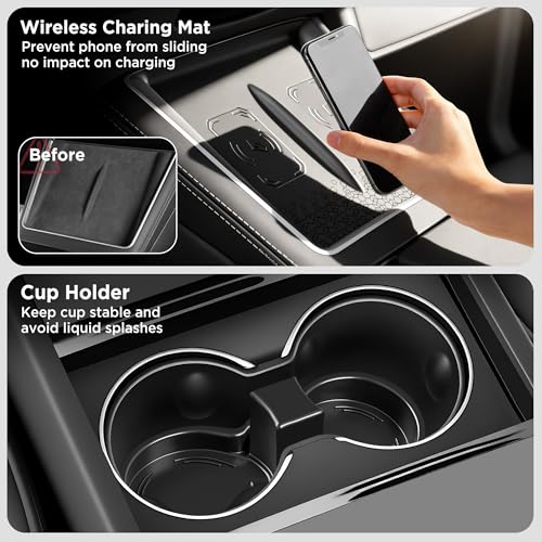 8PCS Center Console Organizer for Tesla Model Y Juniper Accessories 2026 2025 & for Tesla Model 3 Accessories 2024-2026 [Slide Smoothly & US Patent] Charging Pad Sunglasses Cup Holder Black