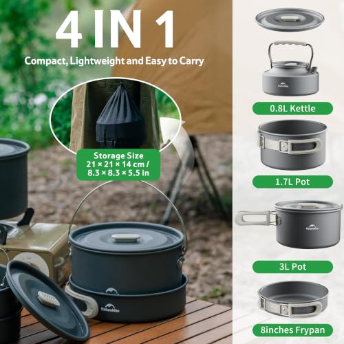 Naturehike Camping Cookware Set Mess Kit for Backpacking Gear, Camp Cooking Set, Camping Pots and Pans Set for Outdoor Backpacking Camping Hiking Picnic - color: 3L pot+8'' frying pan+1.7L pot+0.8L kettle