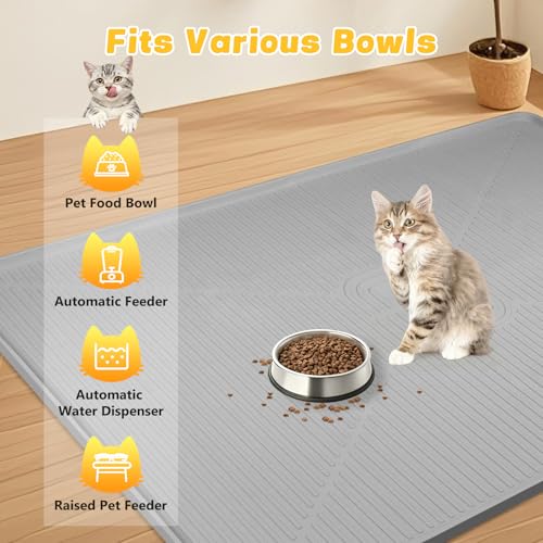 Lorvain 45" x 30" Cat Food Mat, Extra Large Silicone Pet Feeding Mat with Raised Edges, Pet Placemat for Cat Dog Food and Water Bowl Waterproof, Non-Slip, Easy to Clean, Floor Protection, Grey - color: Grey: 45" x 30"