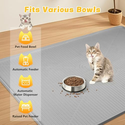 Lorvain 45" x 30" Cat Food Mat, Extra Large Silicone Pet Feeding Mat with Raised Edges, Pet Placemat for Cat Dog Food and Water Bowl Waterproof, Non-Slip, Easy to Clean, Floor Protection, Grey - color: Grey: 45" x 30"