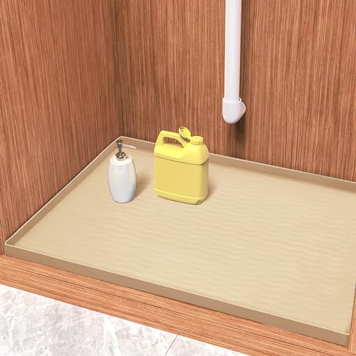 URMONA Waterproof Silicone Under Sink Mat 31'' x 22'' Shelf Liner for Kitchen and Bathroom, Cabinet and Counter Protector, Storage and Organizers, Litter Mat, Pet Cat Puppy Essentials(Khaki) - color: Khaki, size: 22"W x 31"L