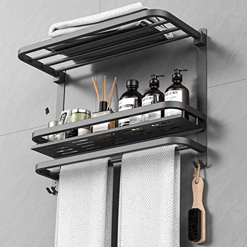 CAXIMSY 22.8Inch Towel Rack for Bathroom and Lavatory Towel Hanger with Wall Mount Towel Bars 304 Stainless Steel No Drill (Collapsible Black Towel Rack with Bathroom Organize Shower Shelves) - color: Collapsible Black Towel Rack With Bathroom Organize Sh