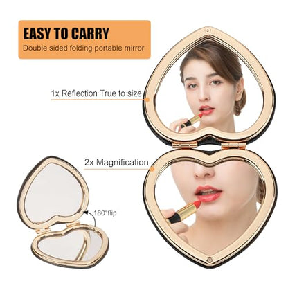 Compact Mirrors, Leather Folding Travel Mirrors, Bee Double Sided Handheld Mirrors, Portable Heart Shape Makeup Mirrors Gift for Girls Women Mothers