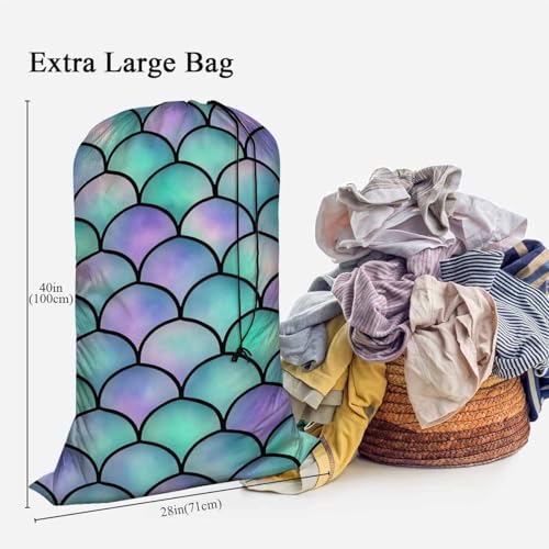 Swono Heavy Duty Large Laundry Bag Mermaid Scales 1 Pack 28 x 40 Inch, Watercolor Rainbow Sea Life XL Drawstring Travel Organizer Bag Tear Resistant Dirty Cloth Storage 4 Loads of Clothes, Ocean Theme - color: Mermaid Scales